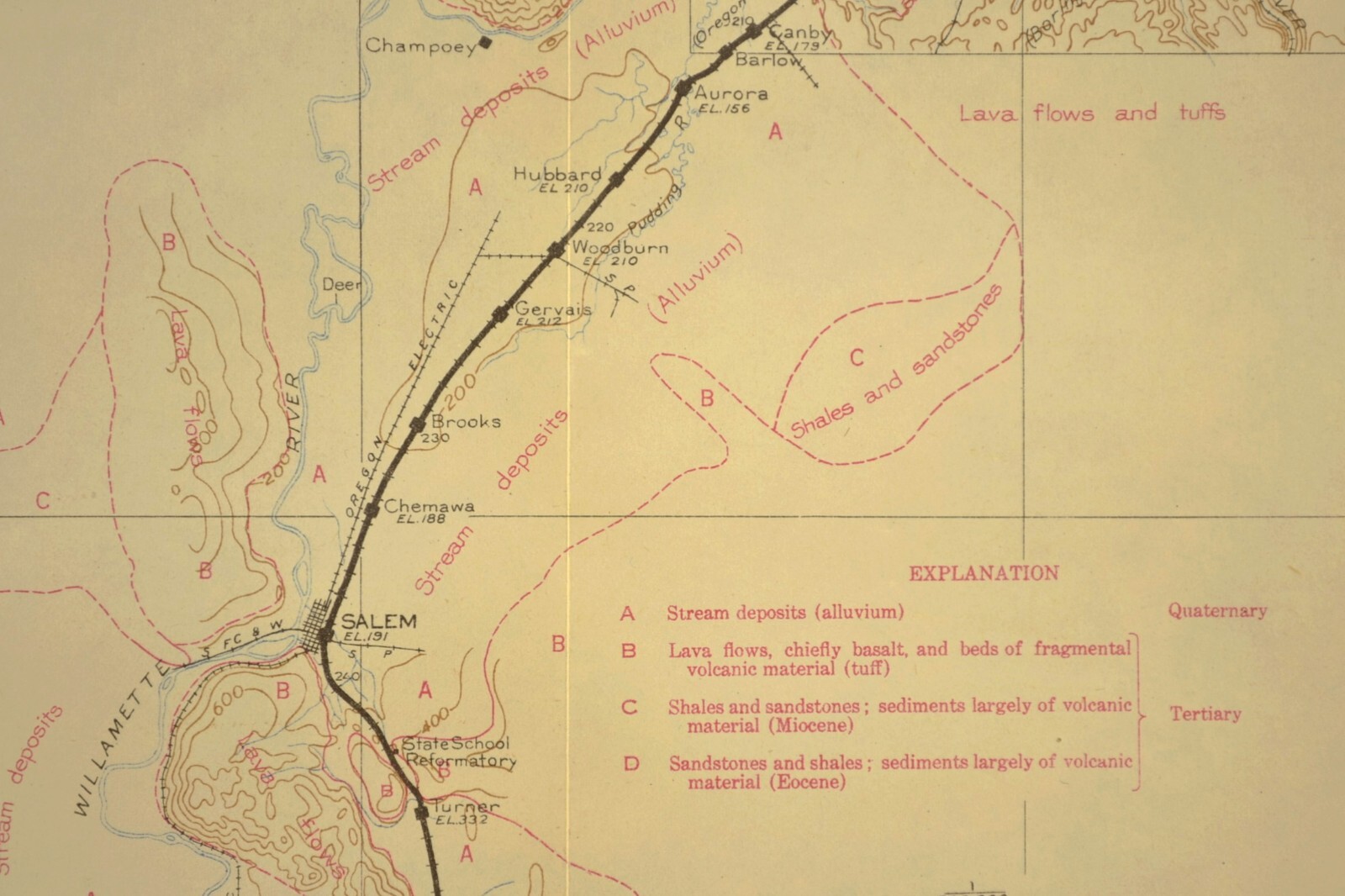 1915 Antique Southern Pacific Railroad Map Salem Oregon City Woodburn Geological