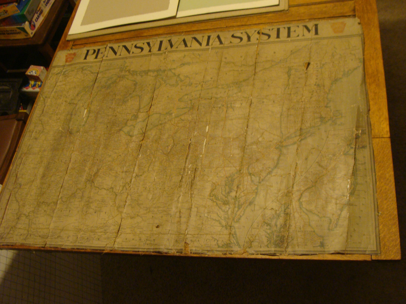 Vintage ORIGINAL 28 X 40″ PENNSYLVANIA SYSTEM MAP very worn, mounted, JULY 1917