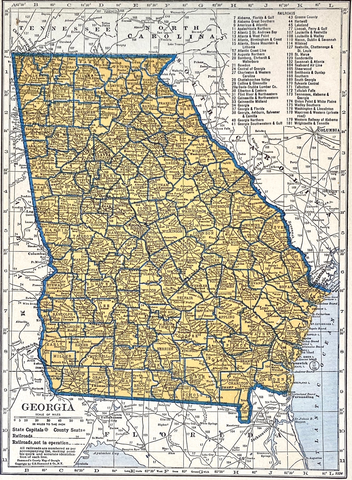 FLORIDA & GEORGIA Original c 1935 County & Railroad Maps. Hammond & Co. 9×12″
