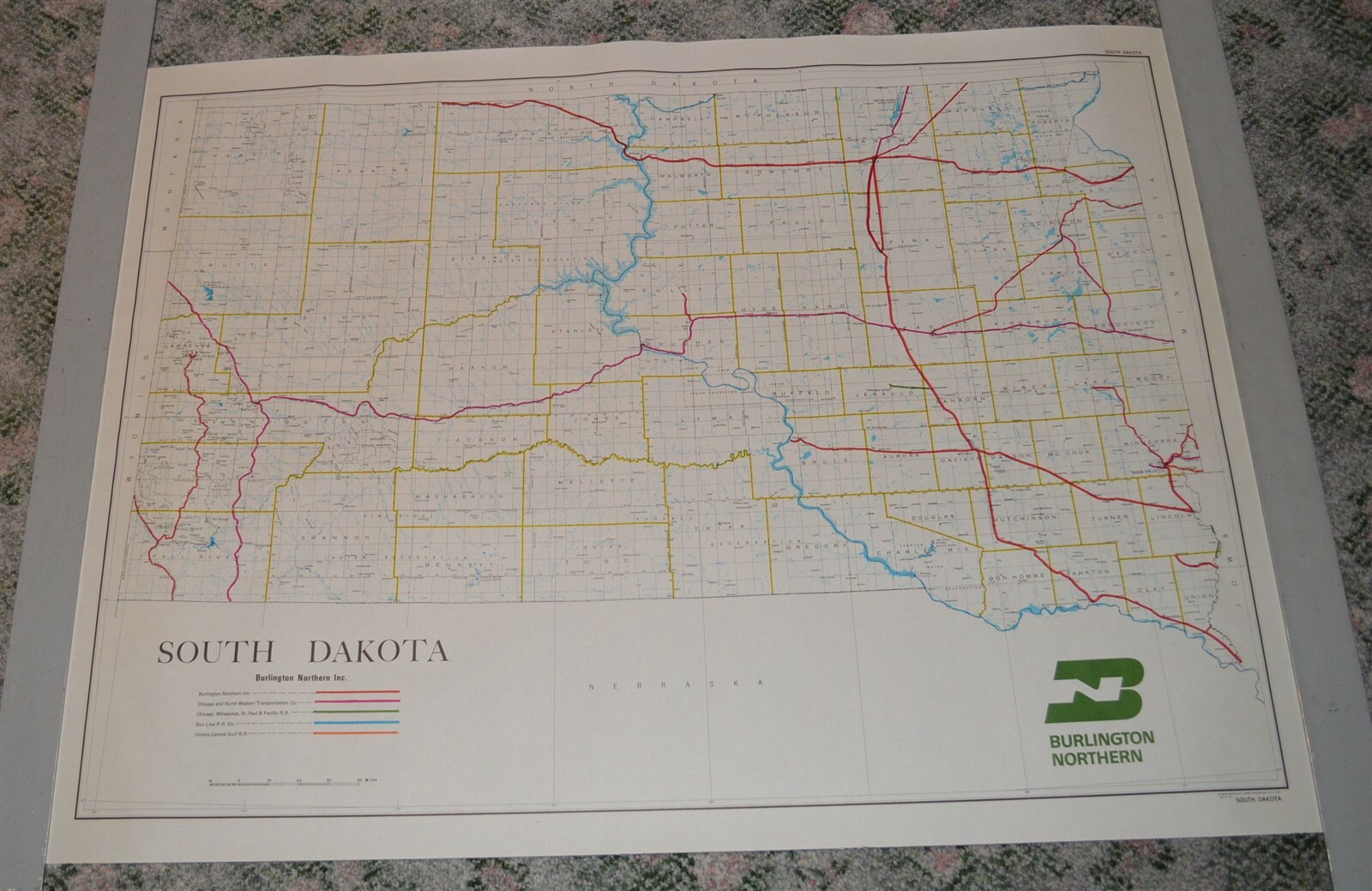 Large 1970’s Burlington Northern Railroad South Dakota Map Poster NO FOLDS