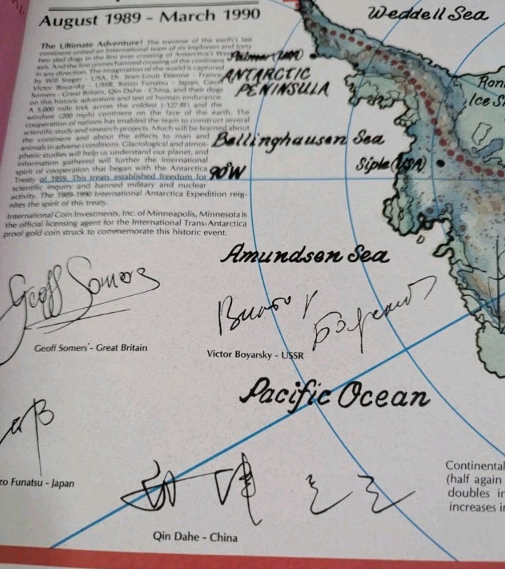1990 International Trans Antarctica Expedition Signed Map Explorer Dogsled ICI