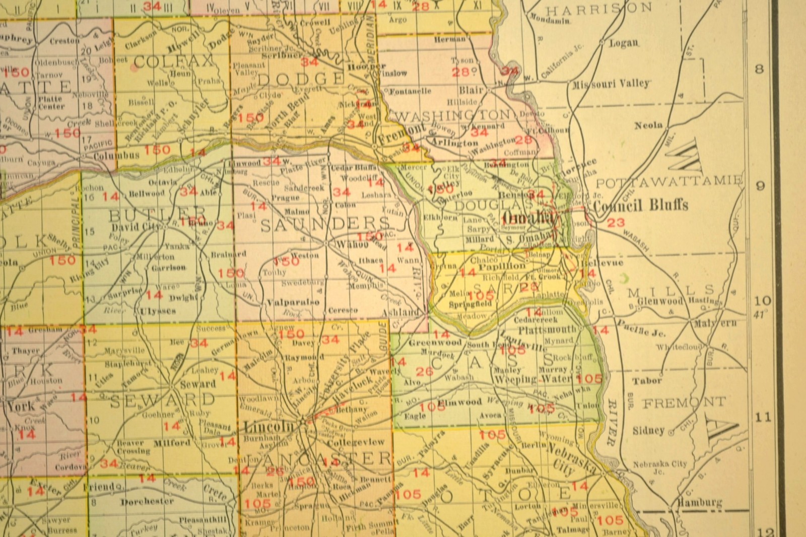 1911 Antique Nebraska Railroad Map ORIGINAL Atlas Map CBQ RR Union Pacific DATED