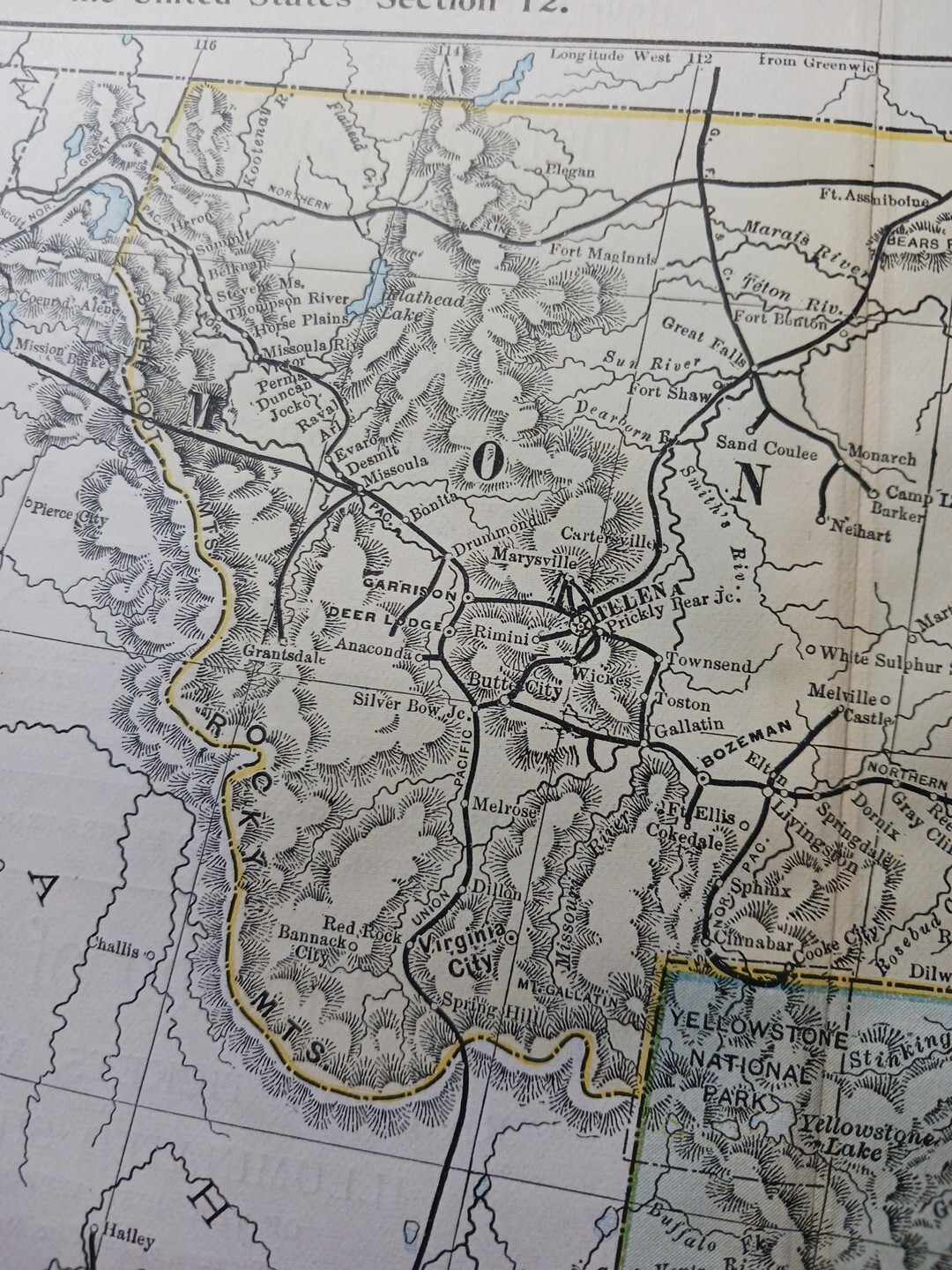 ☆1895 Antique Train Route Map Wyoming Montana All Railroad Lines Marked 11″×9″