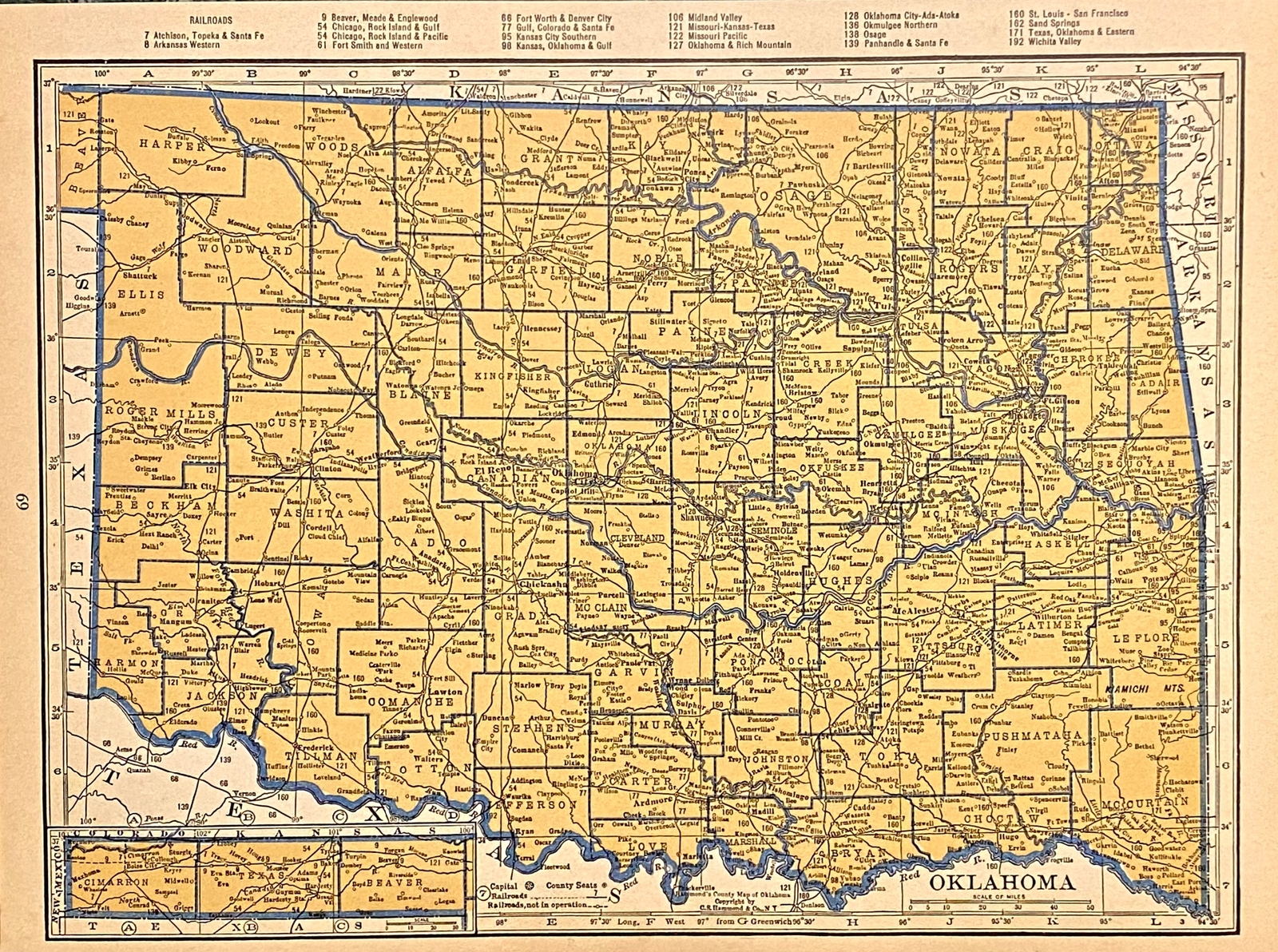 OKLAHOMA & OREGON c 1935 County & Railroad Maps. Hammond & Co. 9×12″ VG-FINE
