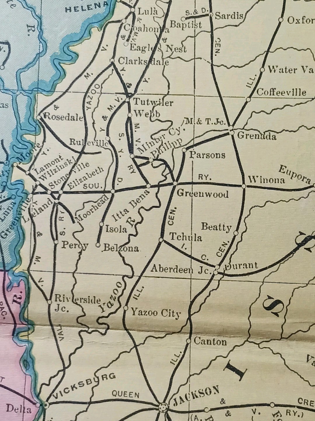 ~1904 Railroad Map MISSISSIPPI LOUISIANA ARKANSAS all Train lines Depots 11″x9″