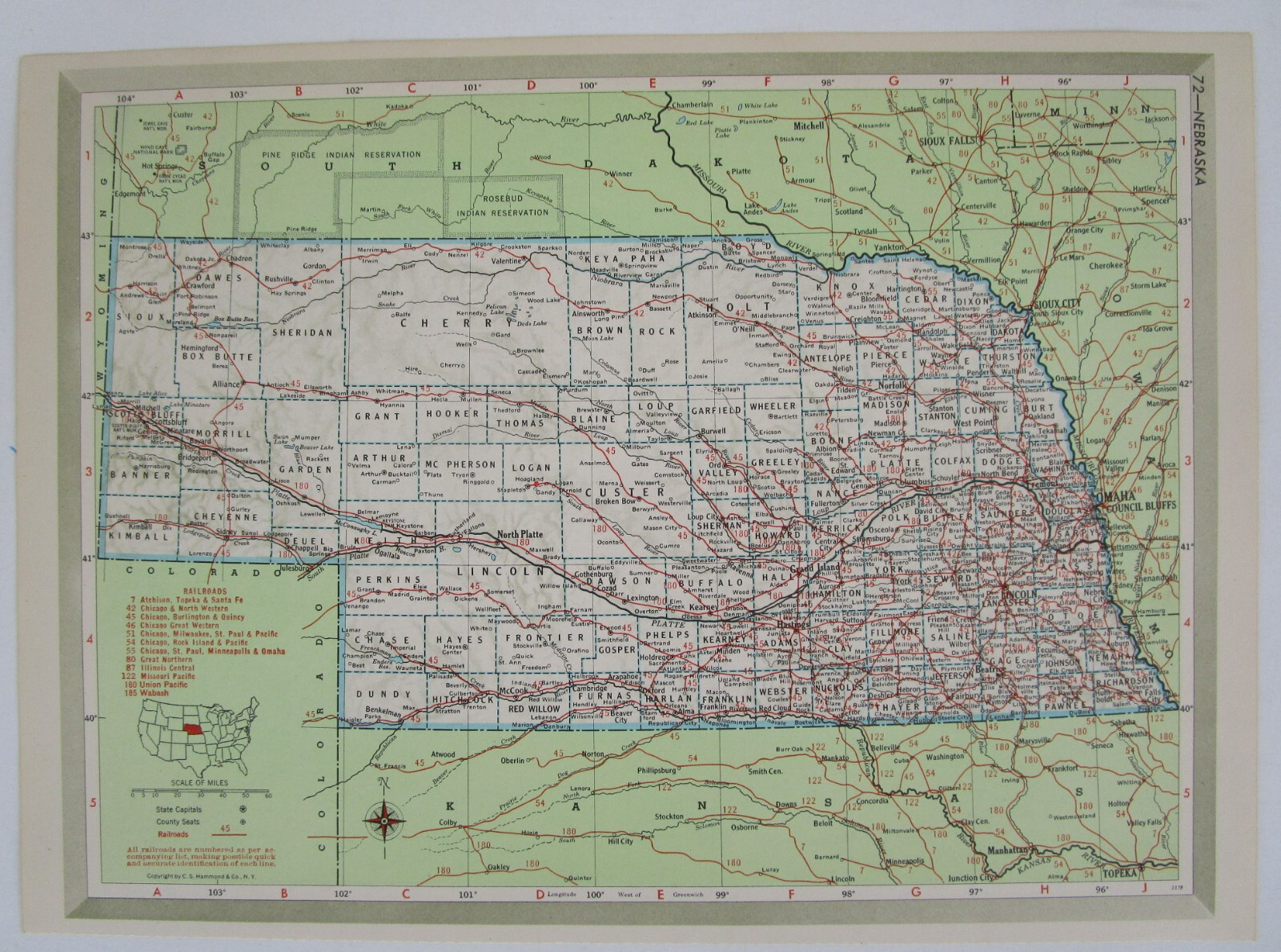 MT NE Mid Century 1950 MONTANA RAILROAD Map. ~or~ NEBRASKA