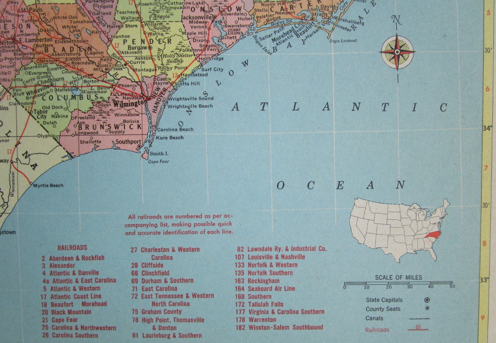 NC NY 1957 NORTH CAROLINA RAILROAD MAP BEUFORT MOREHEAD RR or NEW YORK 1950s