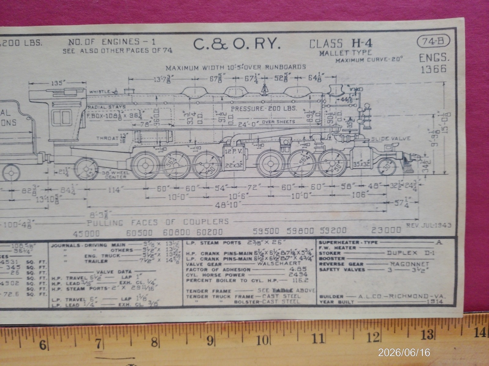 CHESAPEAKE & OHIO RAILROAD ORIG PRINTED DIAGRAM CLASS H-4 LOCOMOTIVE #1366