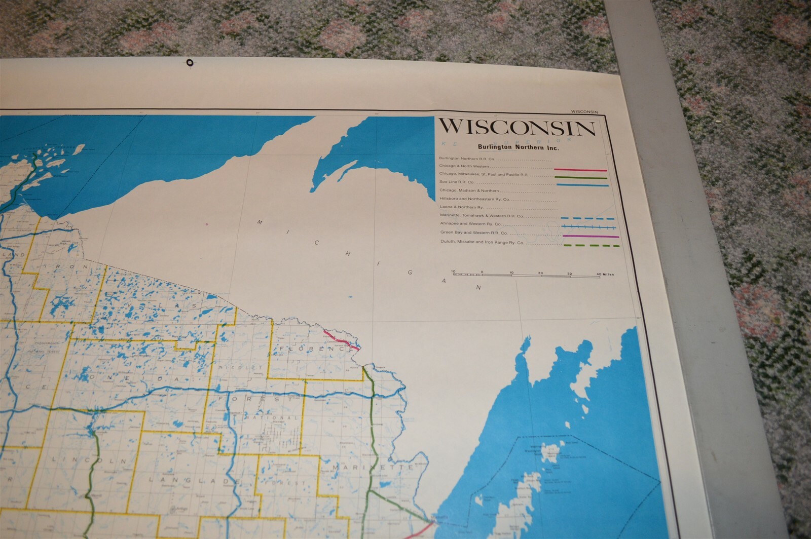 Large 1973 Burlington Northern Railroad Wisconsin Map Poster NO FOLDS