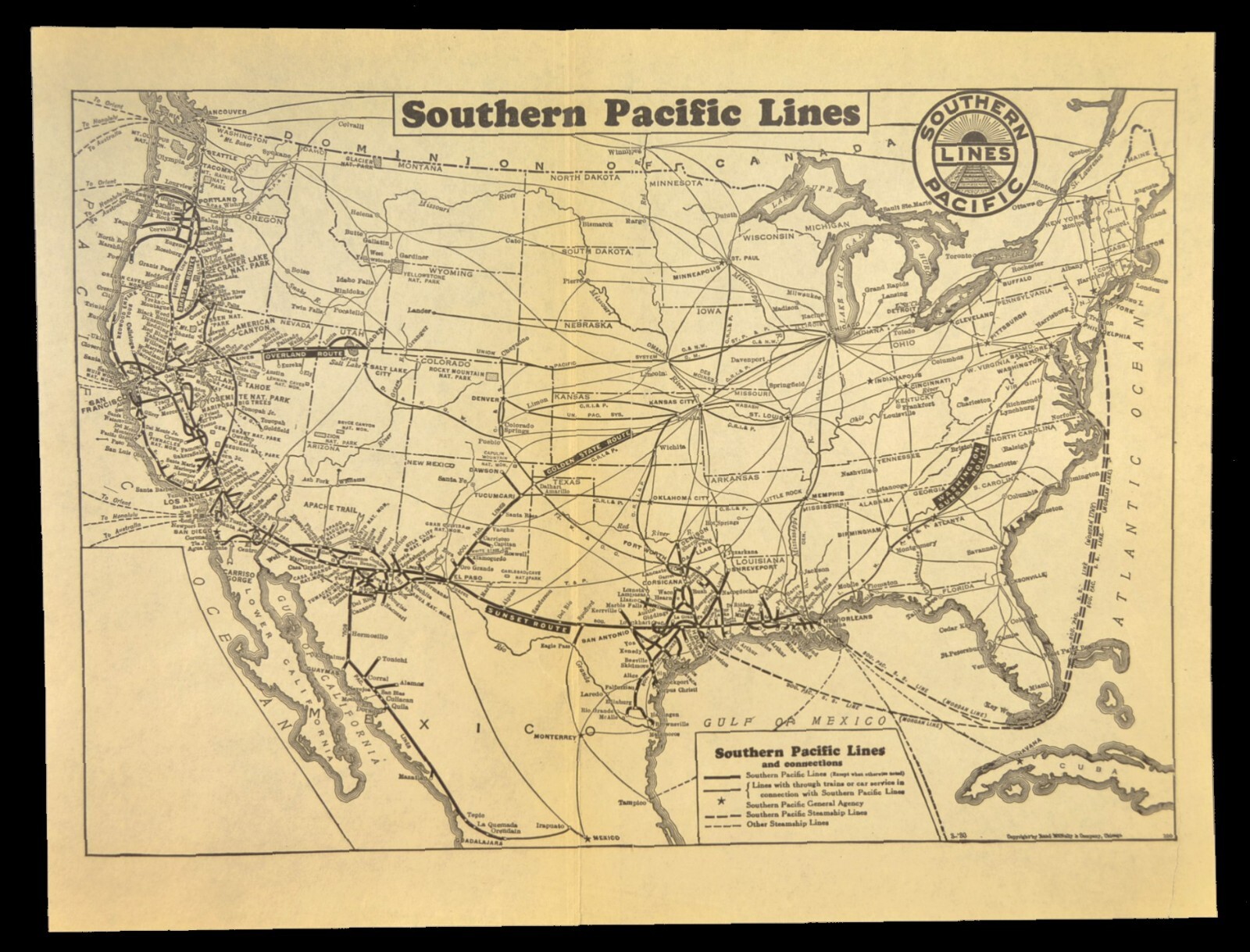 1930 Vintage SOUTHERN PACIFIC Railroad Map Original Railway Map Antique