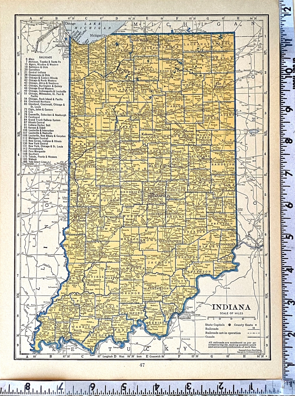 INDIANA & IOWA Original c 1935 County & Railroad Maps. Hammond & Co. 9×12″ VG-F