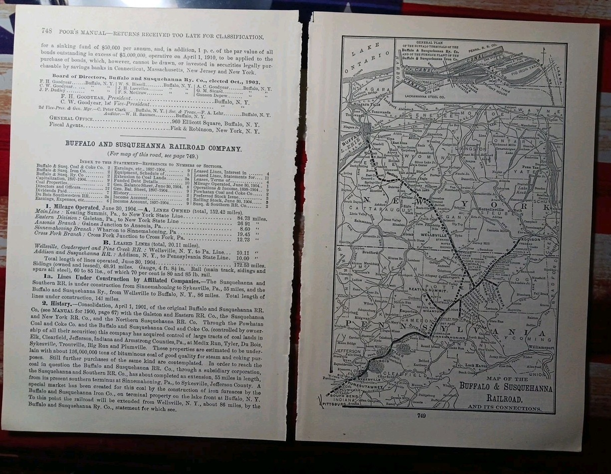 ~1904 BUFFALO & SUSQUEHANNA RAILROAD Vintage Detail Railway Map + Report Coal RR