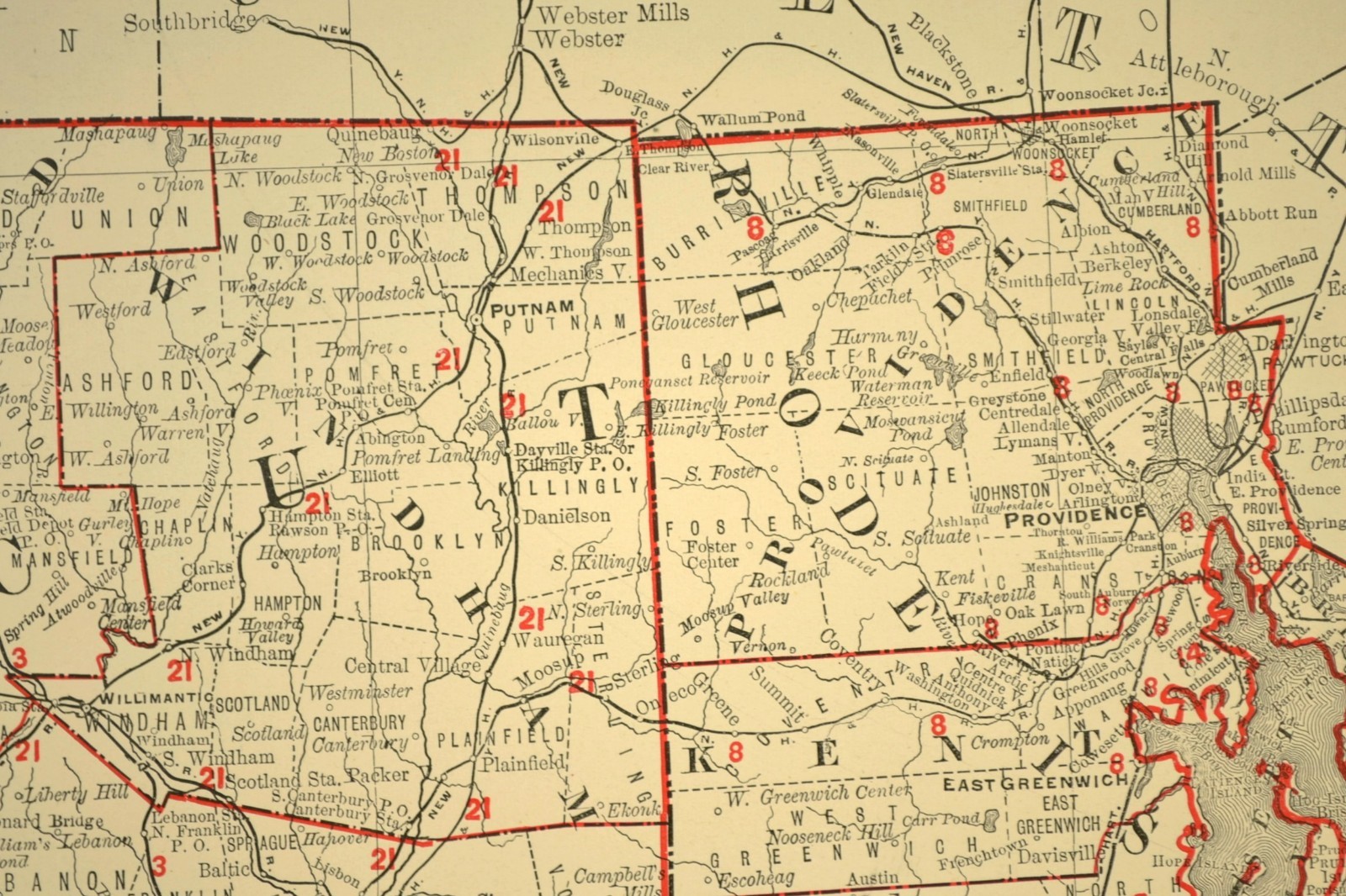 1901 Antique Connecticut Railroad Map of Rhode Island Large Atlas NH RR DATED