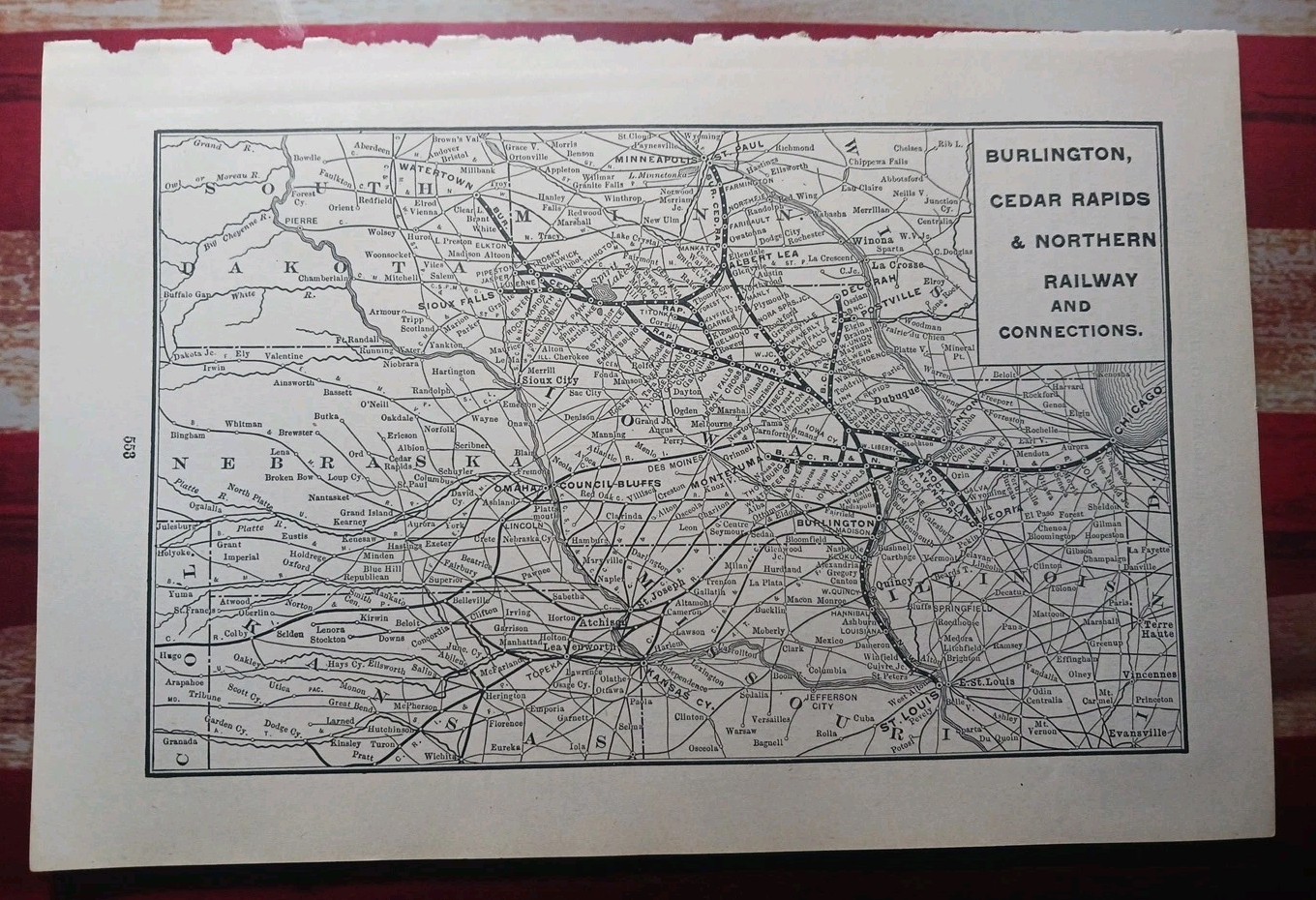 1901 RAILROAD MAP Burlington Cedar Rapids & Northern Railway all Train Routes