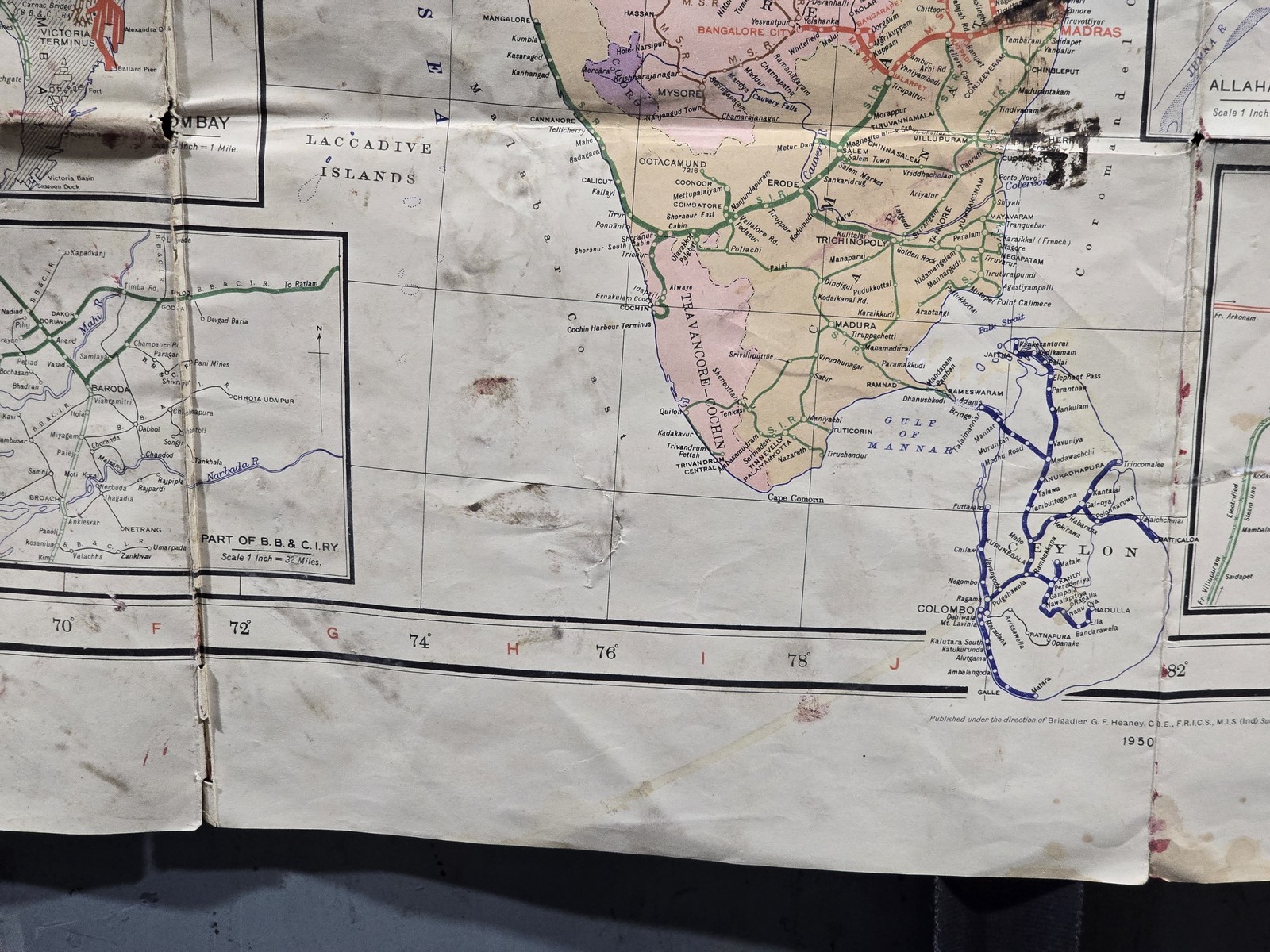 Vintage 1950s Railway Map of India Delhi Madras Calcutta Coalfields 42×32