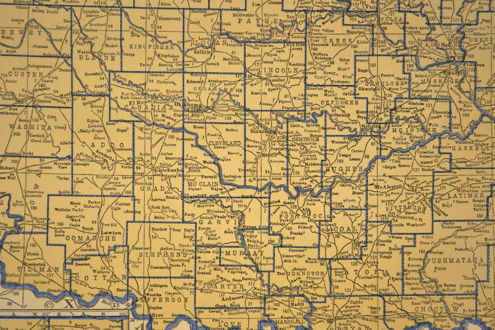 ca1938 OKLAHOMA Railroad Map Depot Towns AT&SF RR Historic Original Atlas Map