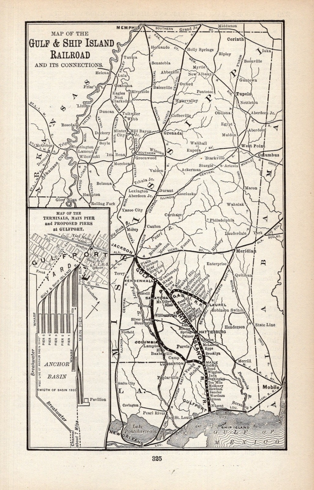 1908 Gulf and Ship Island Railroad Map Vintage Railway Map 2442