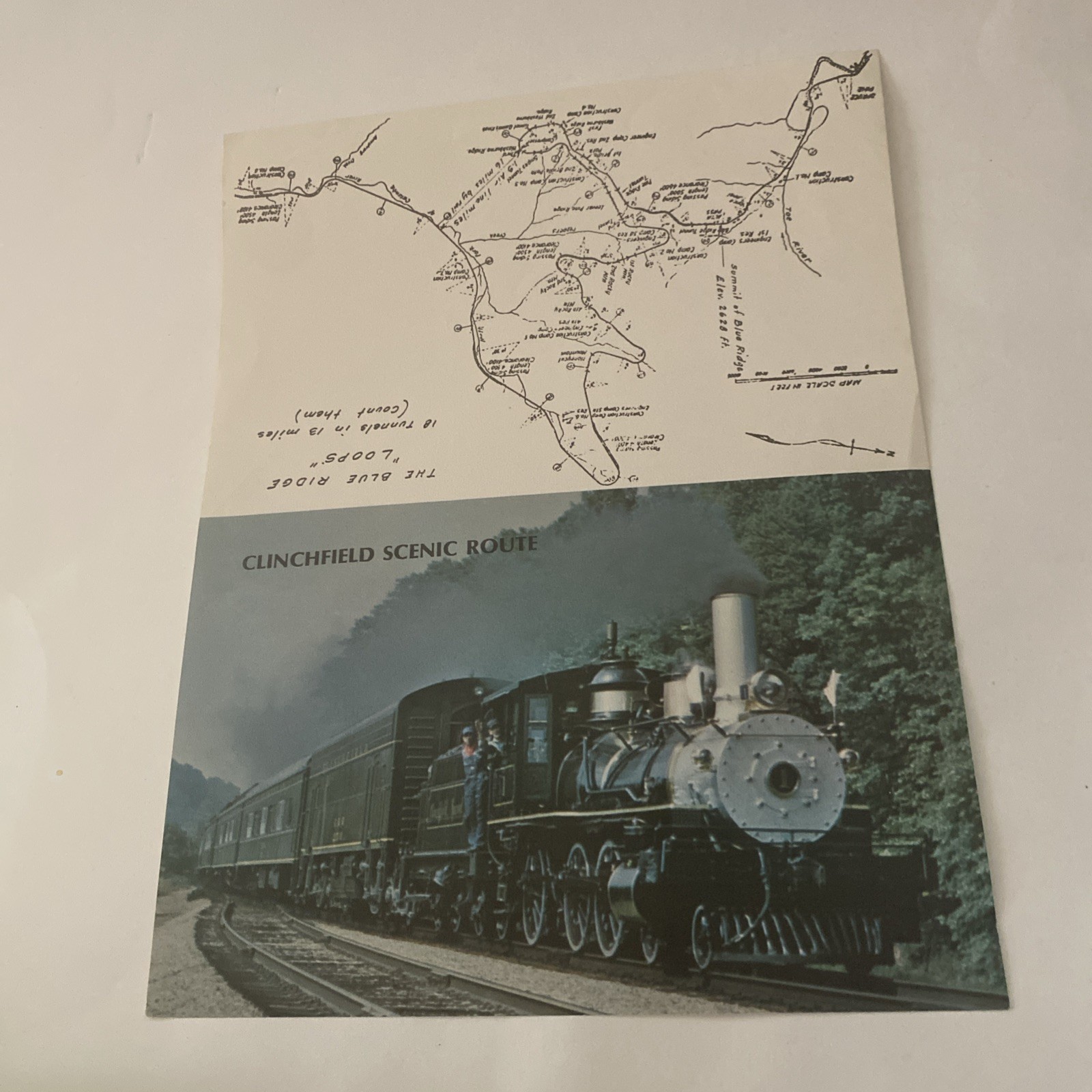 Vintage Paper Image Clinchfield Railroad steam locomotive and route map.