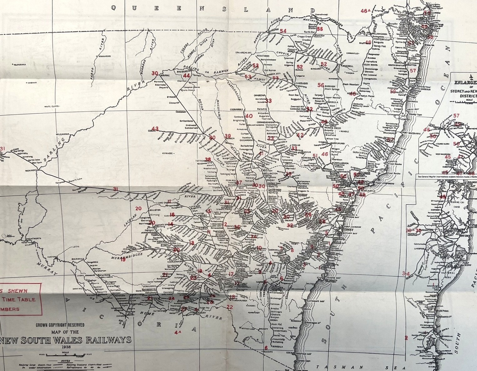 RAILWAY SYSTEM OF AUSTRALIA 1938 MAP +NEW SOUTH WALES RAILROADS SYDNEY NEWCASTLE