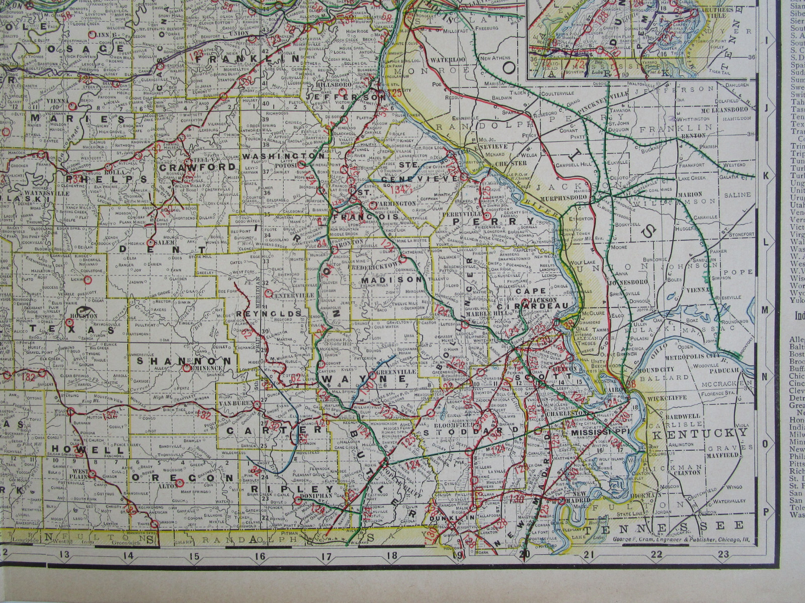 MO 1903 MISSOURI RAILROAD Map. George Cram STEAM + INTERURBAN. PERTLE SPRINGS RR