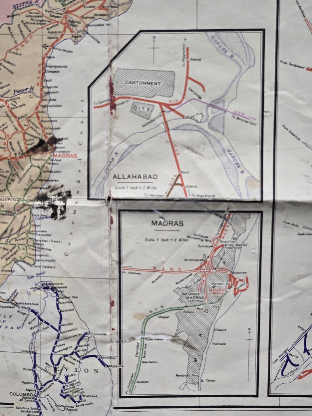 Vintage 1950s Railway Map of India Delhi Madras Calcutta Coalfields 42×32