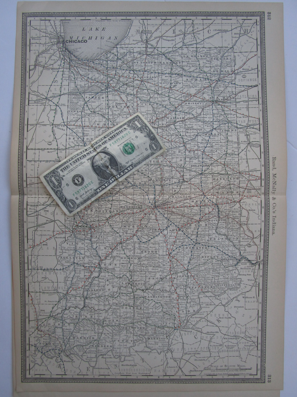 IN Antique DATED 1887 INDIANA RAILROAD Map. McNally Business