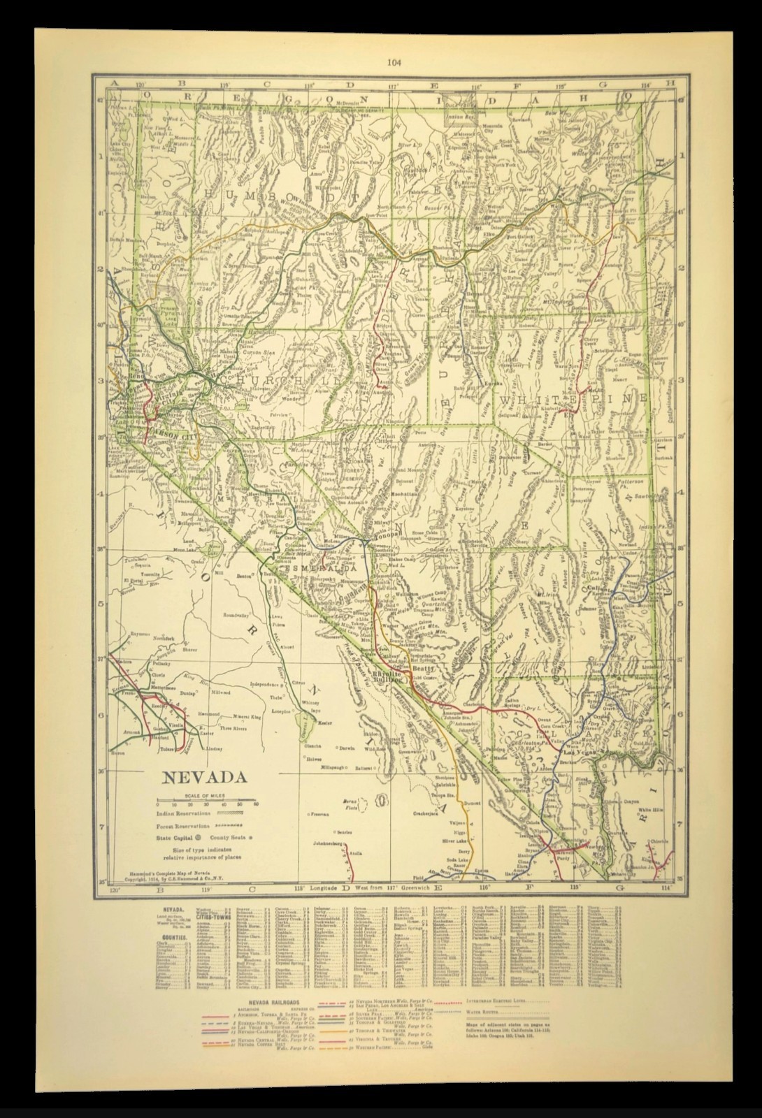 1914 Antique Map of NEVADA Railroads Map ORIGINAL Atlas Southern Pacific DATED