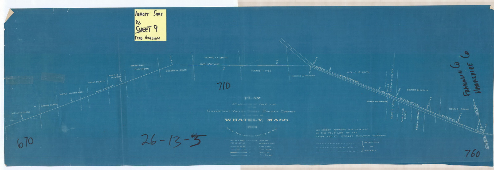 1905 Blueprints Street Railway Pole Line Deerfield, Whately Hadley Mass eb-252