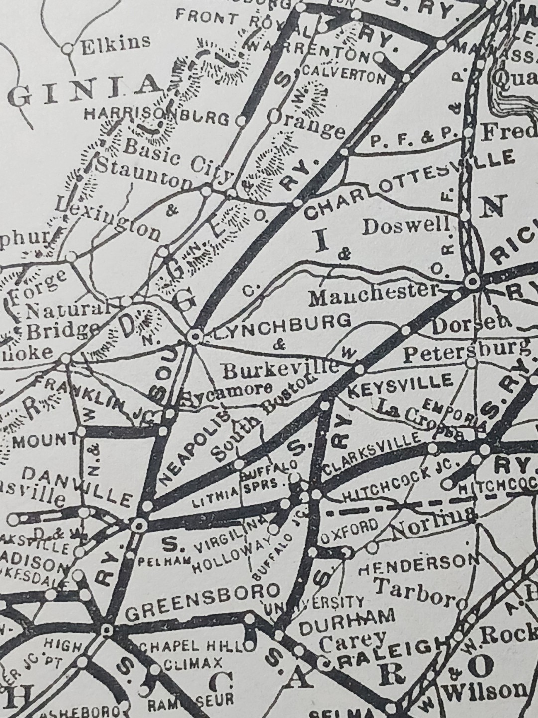 ~1910 railroad Map SOUTHERN RAILWAY and Connections ALL Train routes 9×11″