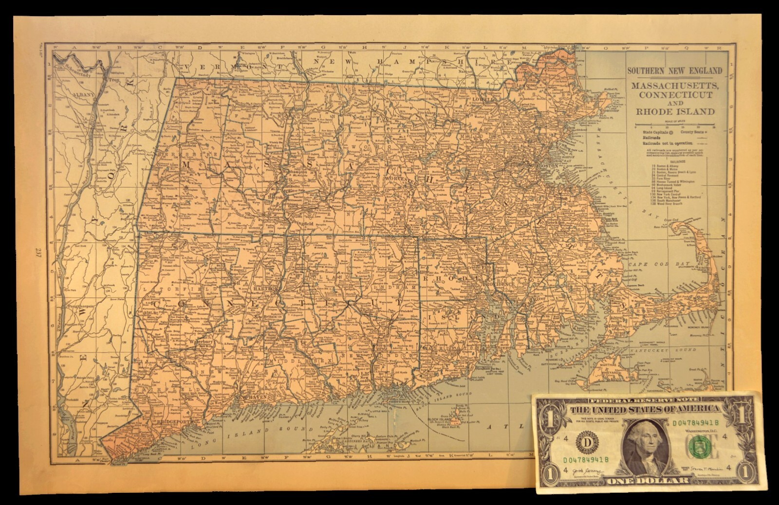 SOUTHERN NEW ENGLAND Map Railroad Massachusetts Old Original Antique