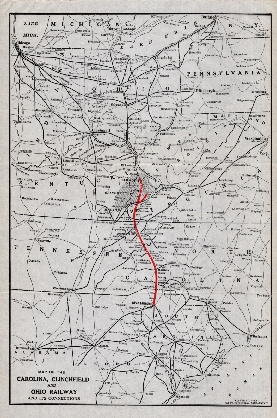 1923 Antique Carolina Clinchfield & Ohio Railroad Map Vintage Railway Map 2566