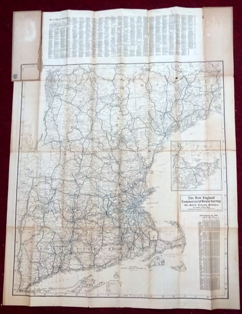 1913 FOLDING RAILROAD MAP NEW ENGLAND COMMERCIAL ROUTE SURVEY 45″x34″ BULLARD Co
