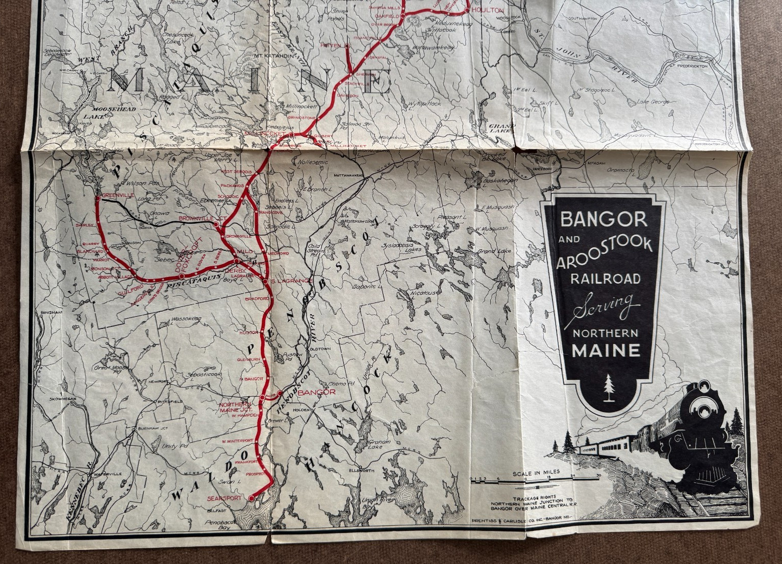 Vintage ca 1930s 17×27 Bangor and Aroostock RR Railroad Route Map Northern Maine