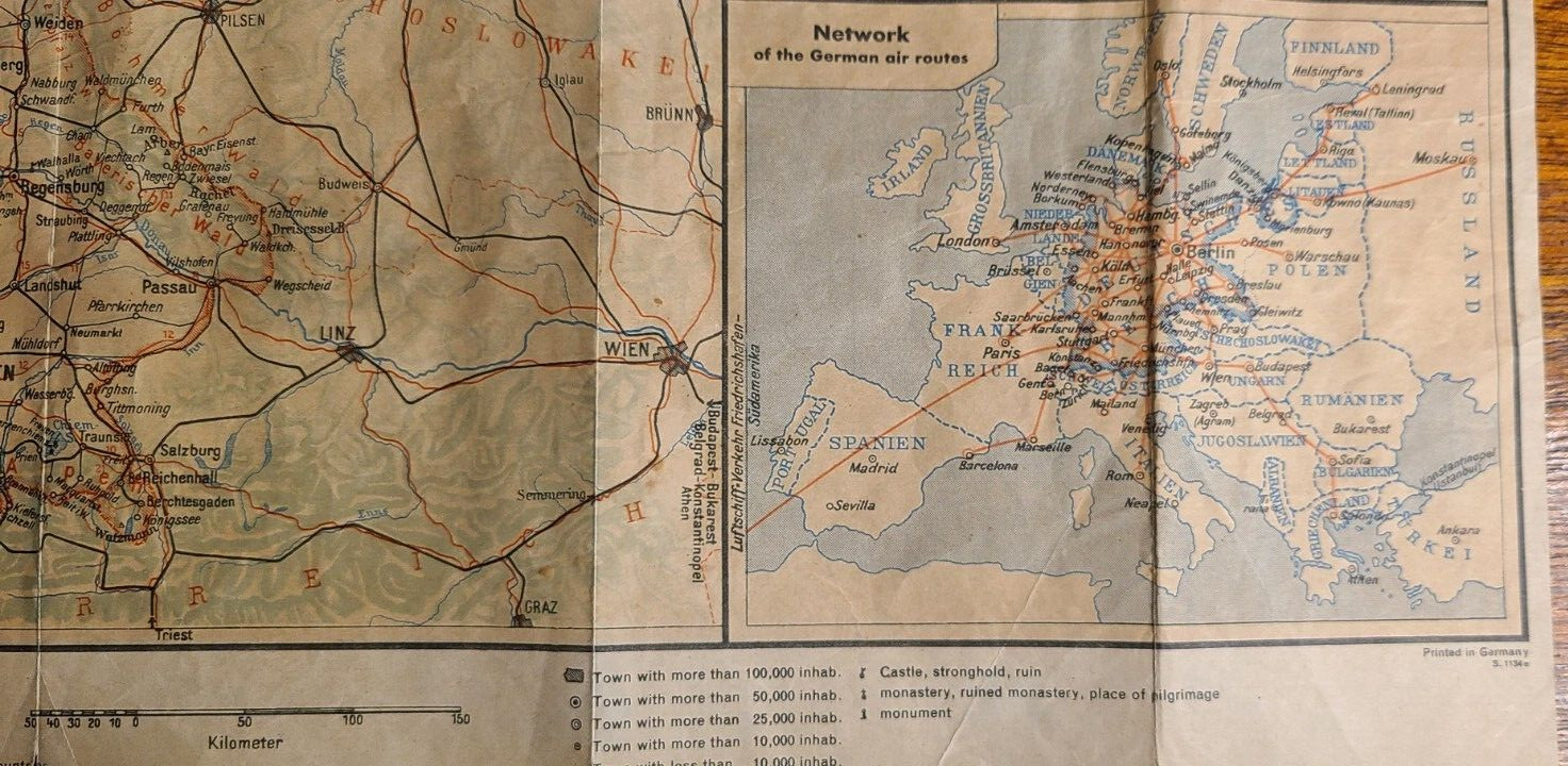 Map of German Railroad and Air Routes – interwar period 1928-38, 16 x 19″