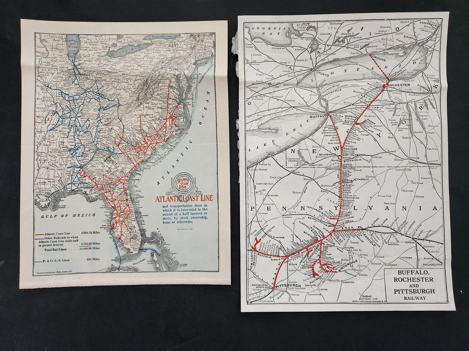 1910s-20s antique RAILROAD MAP lot ATLANTIC COAST LINE SEABOARD BUFFALO WHEELING