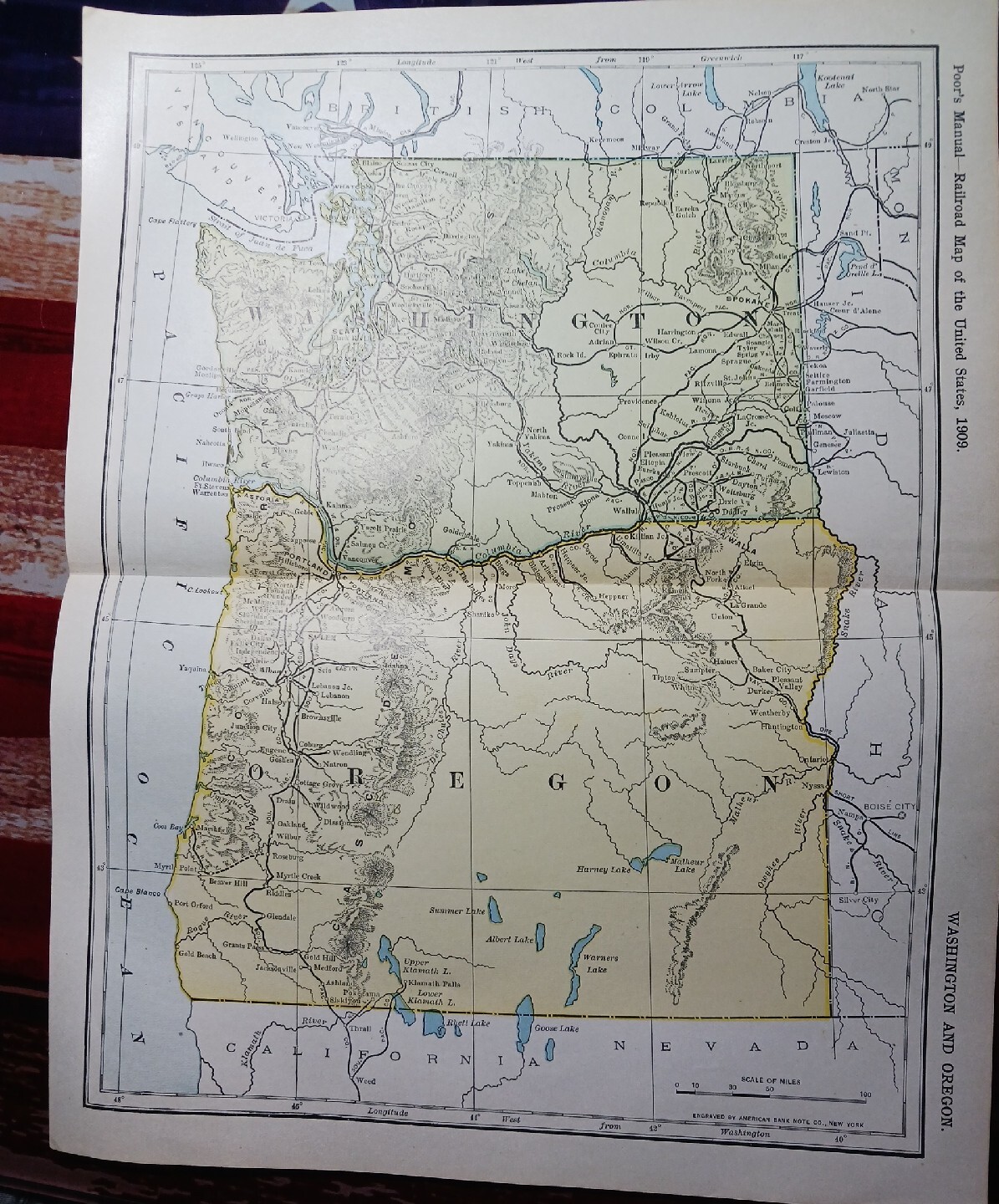 Antique 1909 Railroad Route Map CALIFORNIA NEVADA all train Lines~ 9″ × 11″