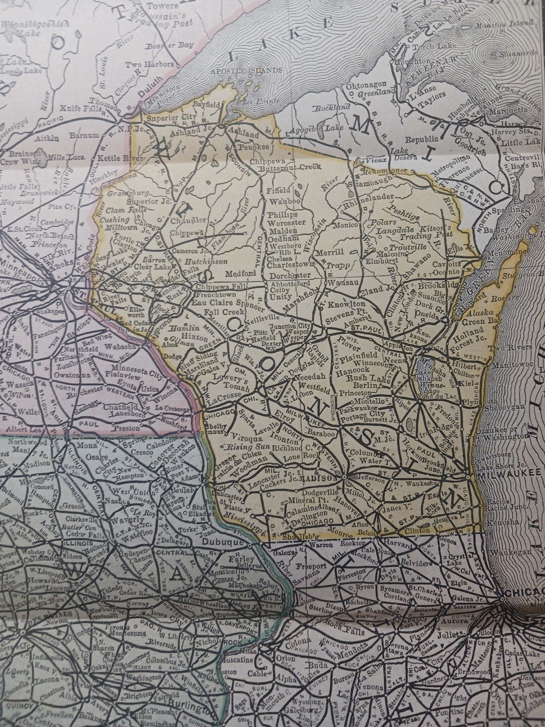 Dated 1886 Train Route Map Wisconsin Minnesota Iowa All Railroad Lines 9″x12″