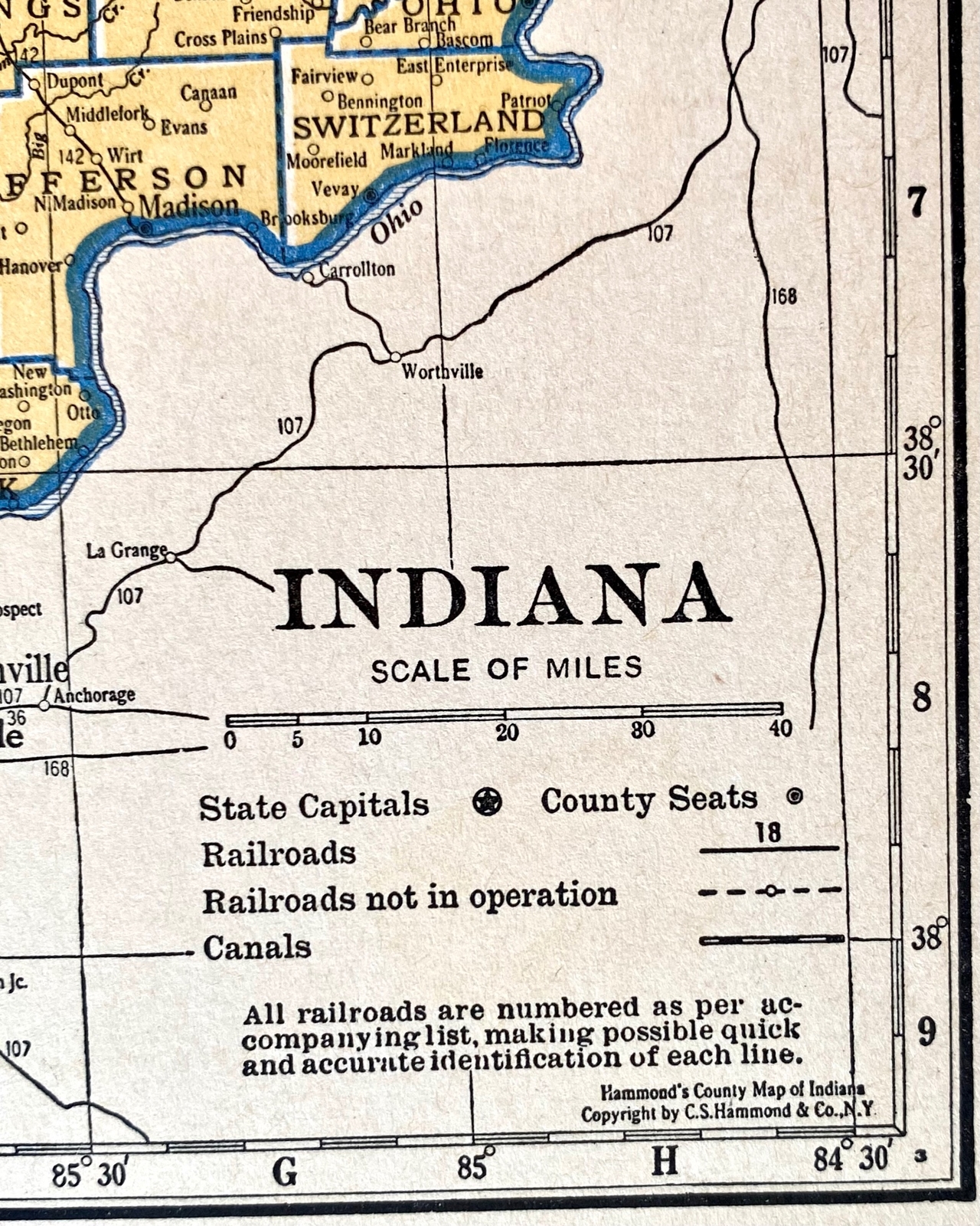 INDIANA & IOWA Original c 1935 County & Railroad Maps. Hammond & Co. 9×12″ VG-F