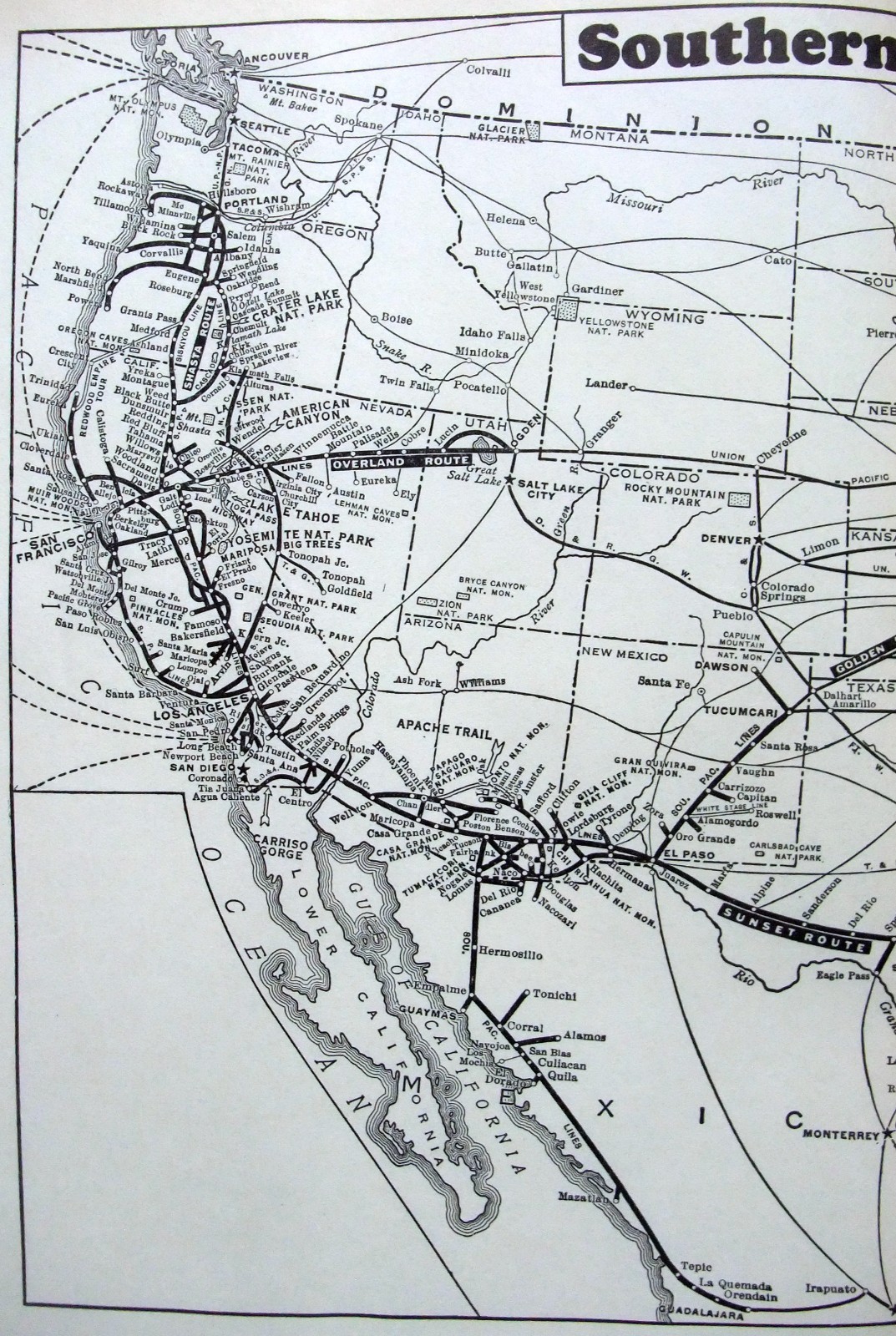 Southern Pacific Railroad – Original 1929 Dated System Map. Antique Railway