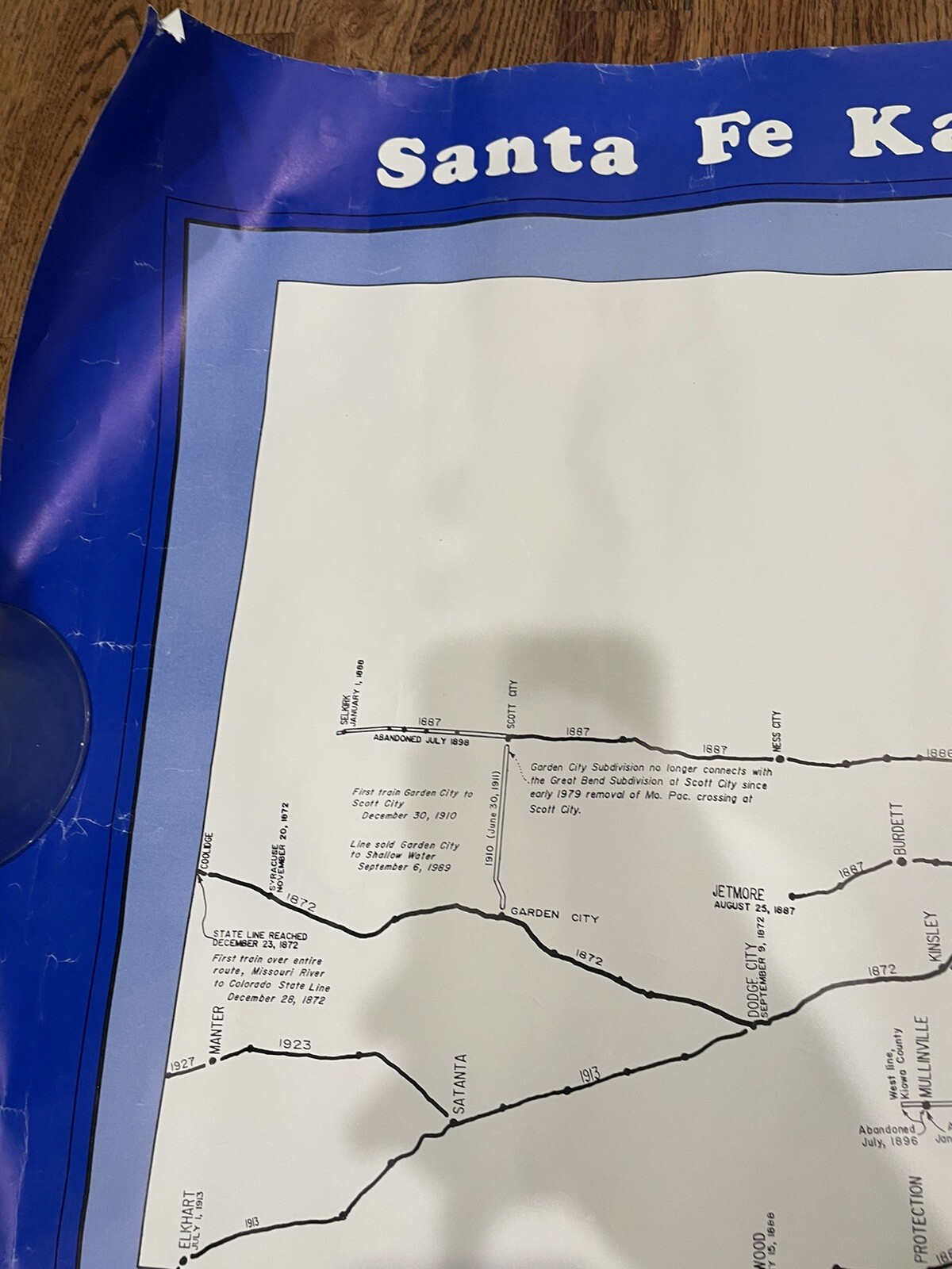 Vintage 1990 Santa Fe Kansas History Map Poster Train Track Routes NL