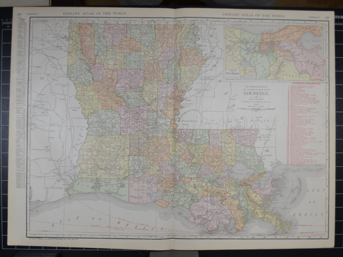 LOUISIANA – 1912 – RAND-McNALLY NEW COMMERCIAL ATLAS – SHOWS RAILROADS