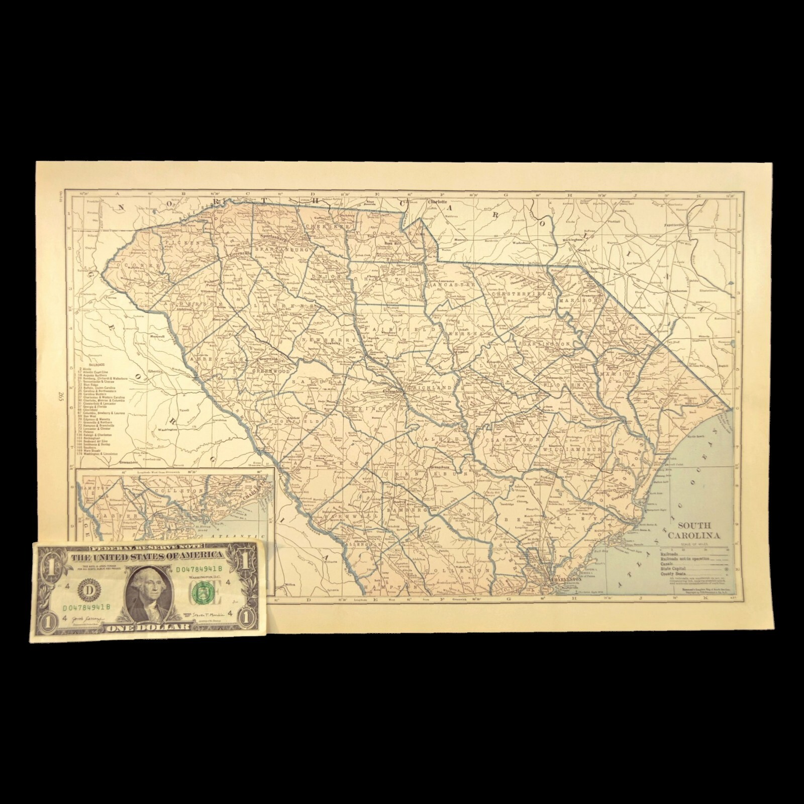Vintage SOUTH CAROLINA Map Railroad LARGE Original Seaboard Air Line SAL RR
