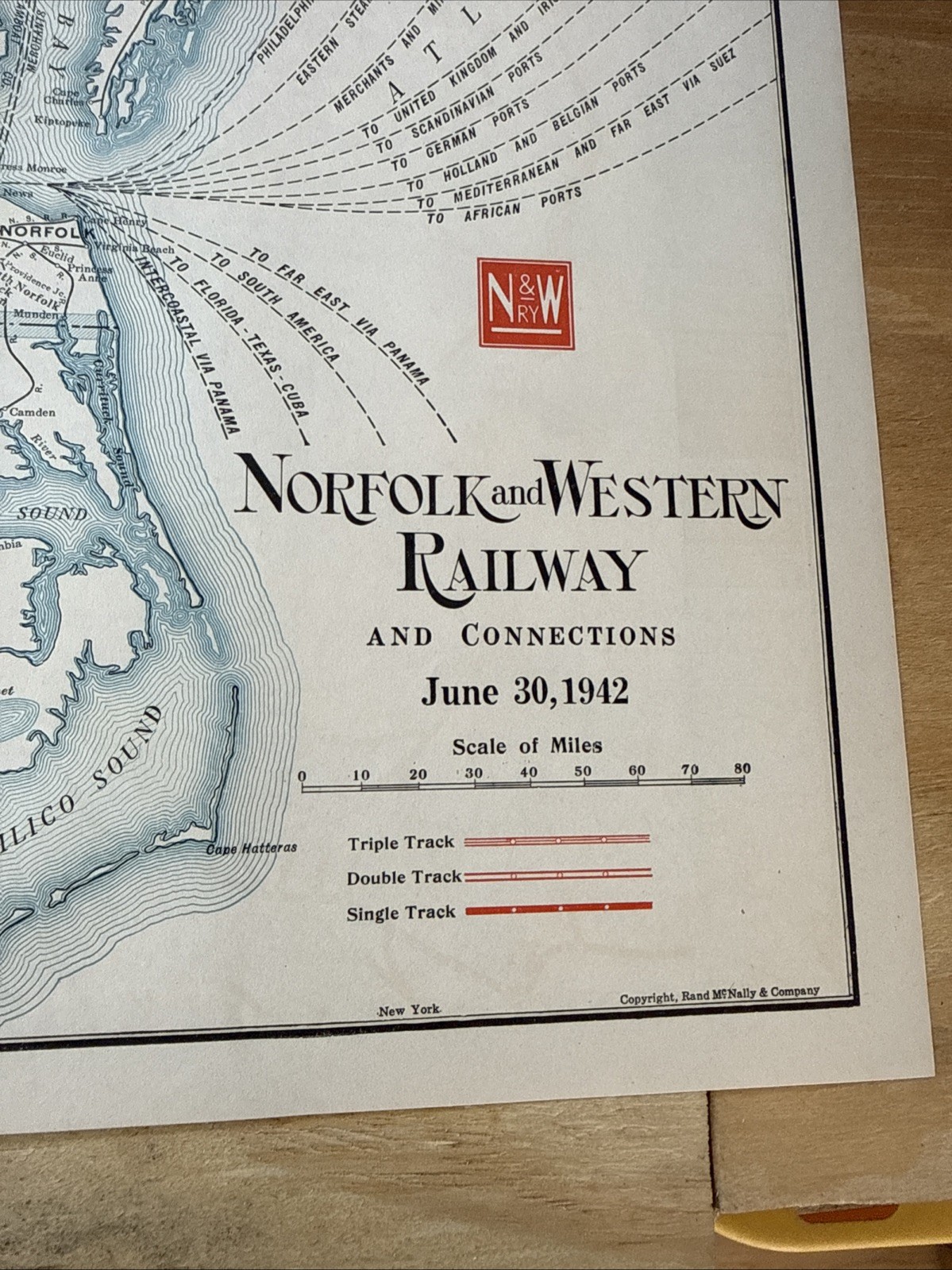 vintage railroad map: 22×32″ NORFOLK & WESTERN Railway 1942