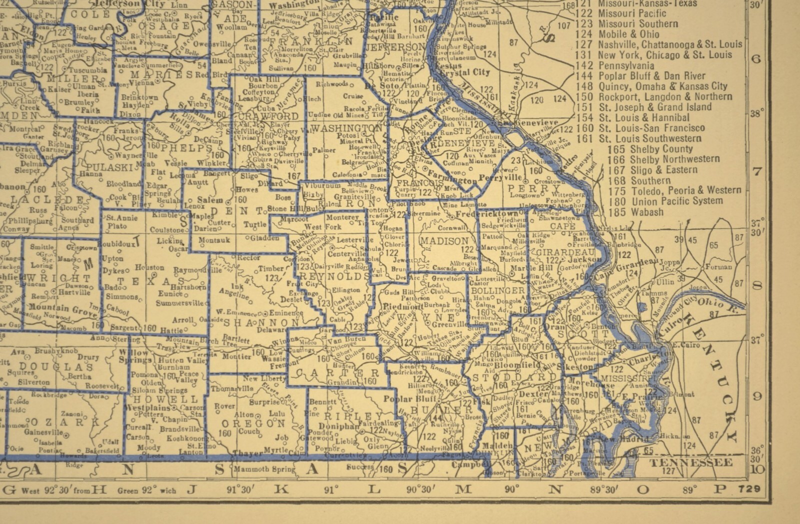 ca 1930 MISSOURI Railroad Map Depot Towns MP RR Mo Pac Historic Atlas Map