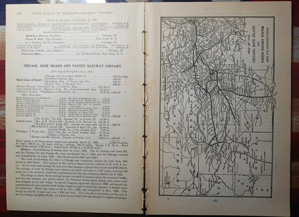 ~1898 Train Route Map + Railroad Report CHICAGO ROCK ISLAND & PACIFIC RAILWAY