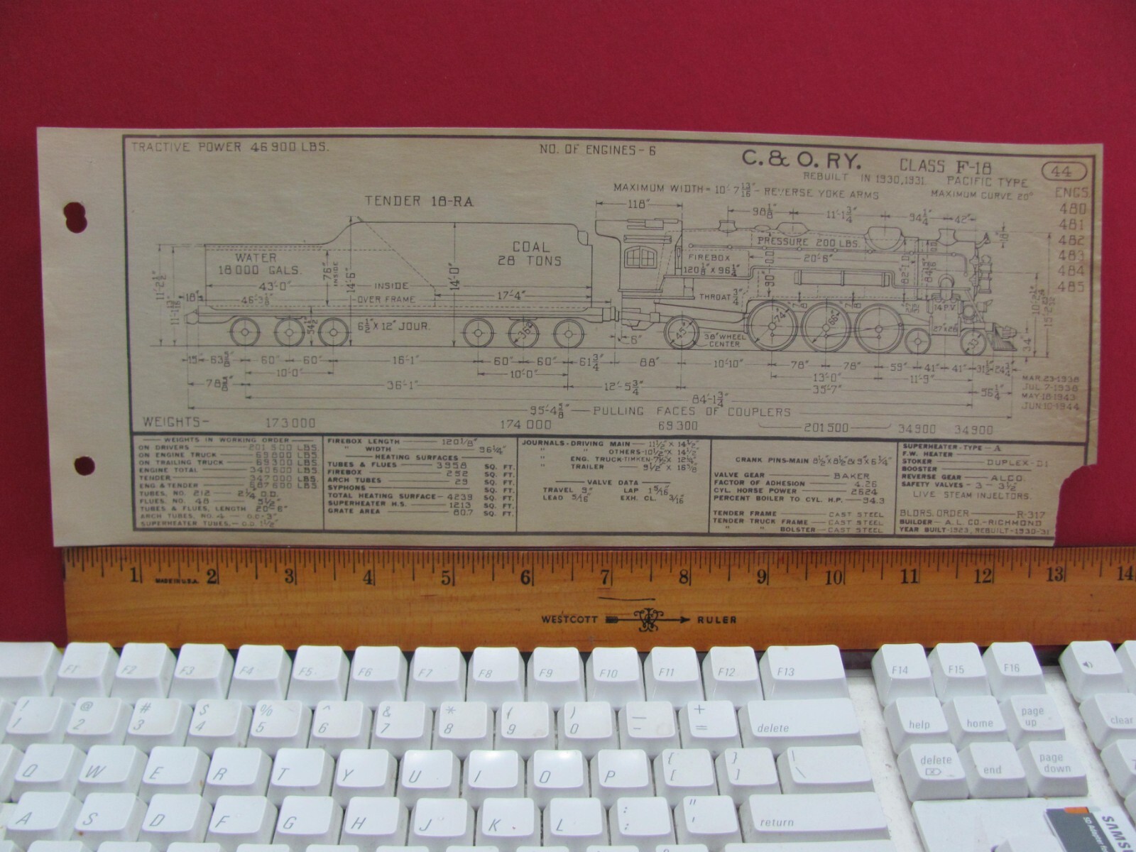 CHESAPEAKE & OHIO RAILROAD ORIG PRINTED DIAGRAM CLASS F-18 LOCOMOTIVE #480 – 485