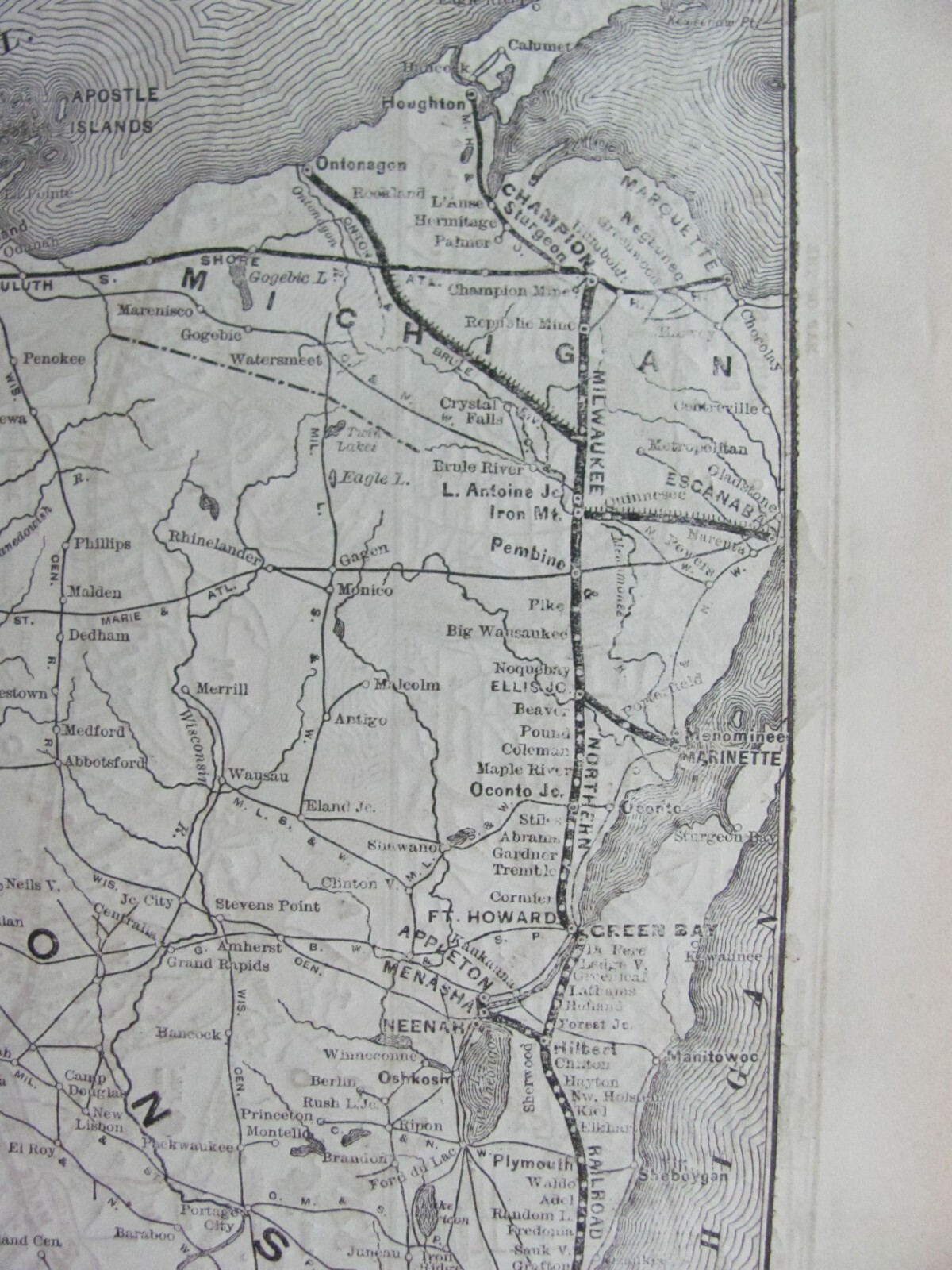 1890 NOV MILWAUKEE & NORTHERN RAILROAD & MSTP&SSM ORIGINAL SYSTEM MAP WI MI RRs