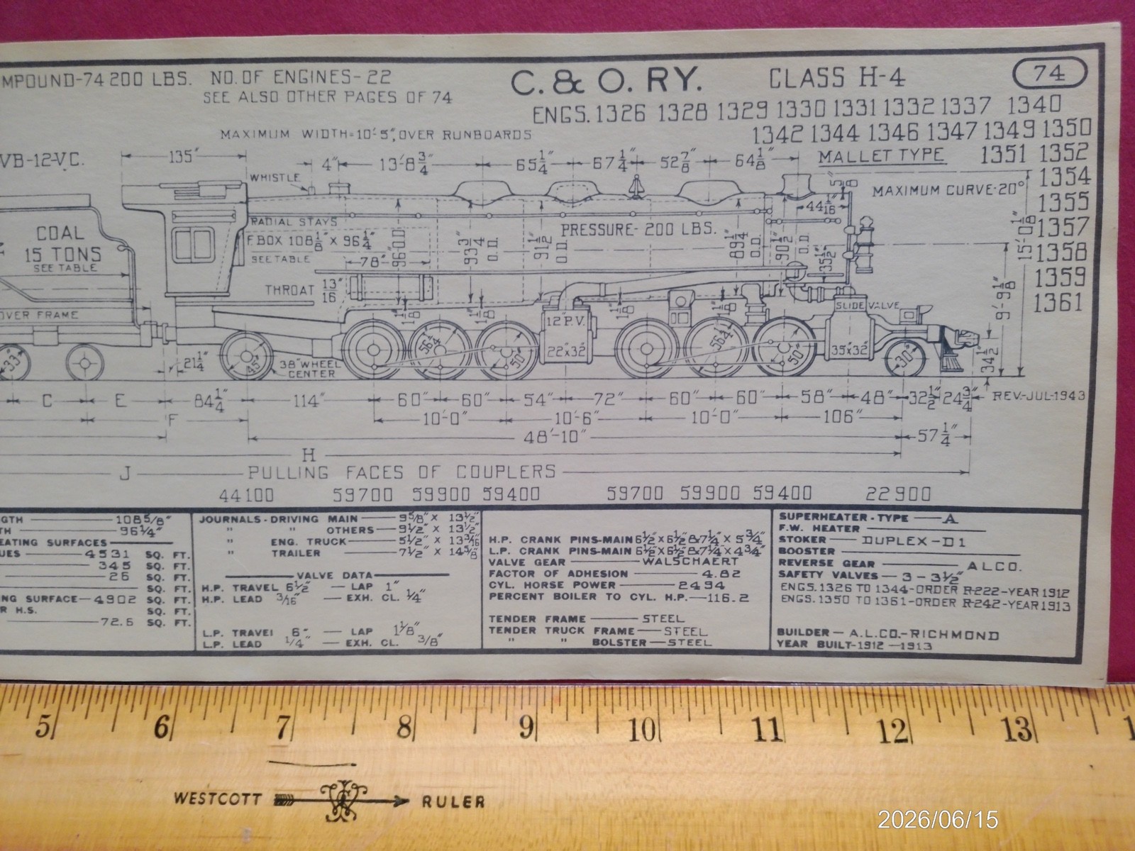 CHESAPEAKE & OHIO RAILROAD ORIG PRINTED DIAGRAM CLASS H-4 LOCOMOTIVE #1326-1361