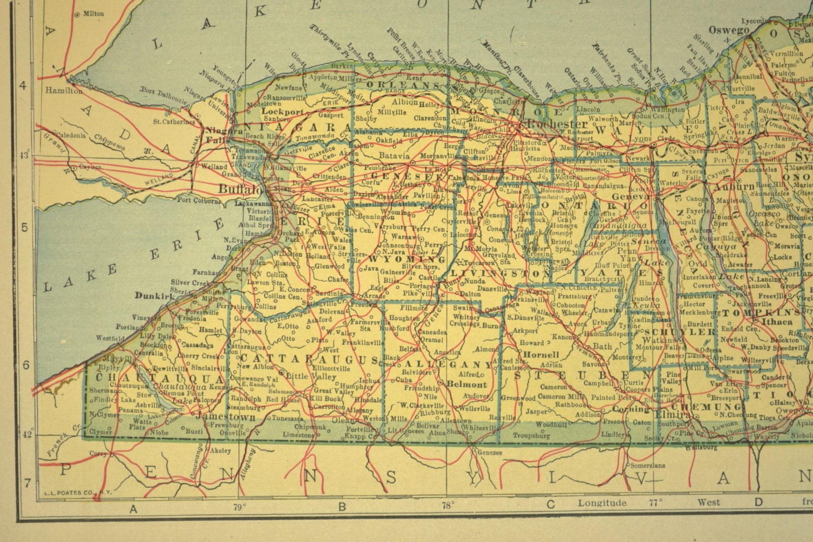 Vintage NEW YORK Railroad Map Rochester Syracuse Buffalo Original Atlas Map