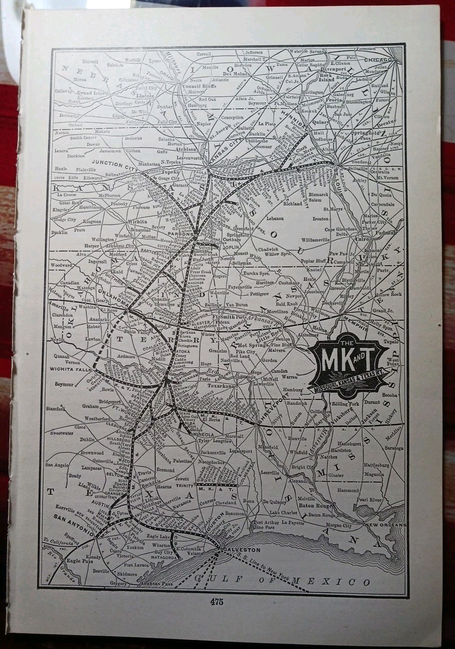 ~1904 Train Route Map MISSOURI KANSAS & TEXAS RAILWAY Vintage Railroad MK&T line